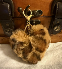 NWT Fuzzy Leopard Print Heart Keychain Bag Charm Gold Clasp Fluffy Animal Print