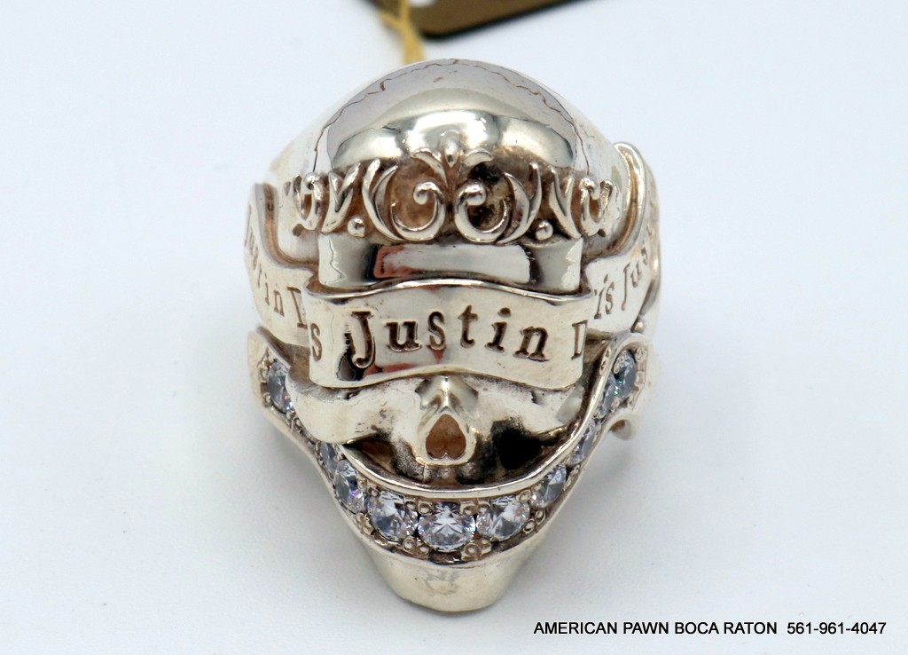 Justin Davis Blessing Logo Ribbon Skull Ring Sterling Silver 925