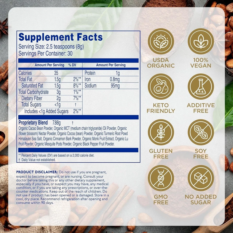 Superalimento orgánico Earth Echo Cacao Bliss en polvo con aceite MCT y cúrcuma para... Foto 2 de 4