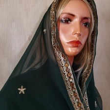 Black Chiffon Dupatta Gold Mirror Work Embroidery Ethnic Wrap Shawl Scarf Veil