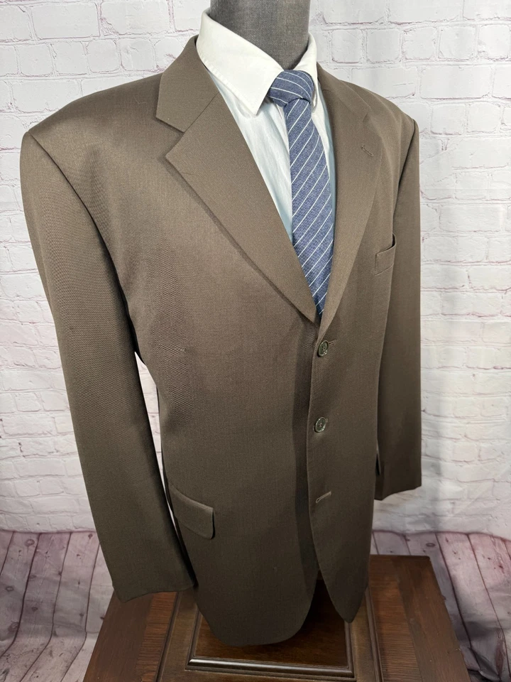 J. FERRAR Mens Brown Classic Fit Wool Pleated 2 Piece Suit 46R Jacket 42x31 Pant - Image 4 of 4