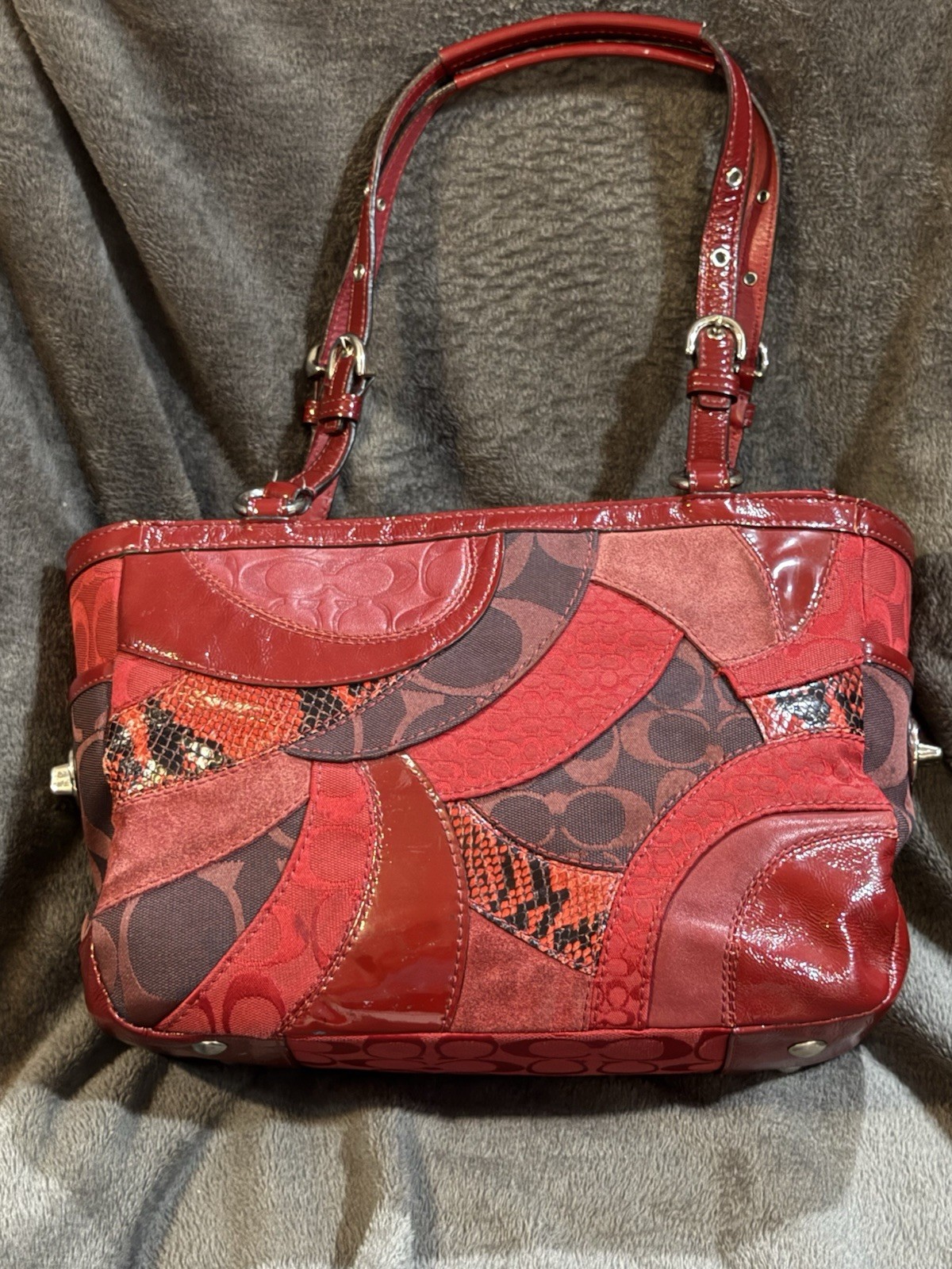Coach Patchwork Red Leather, Canvas & Suede Shoul… - image 2