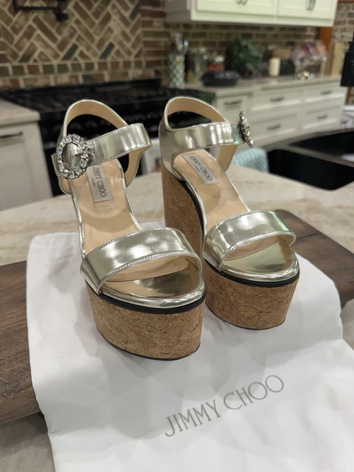 Jimmy Choo “Nylah” Metallic Silver Cork Platform Crystal Buckle Sandal 38EU/8US - Image 3 of 4