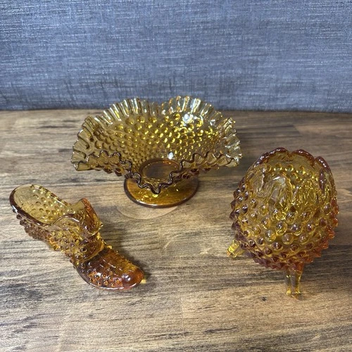 Group Of 3 Vintage Fenton Amber Hobnail Glass Items- Egg, Shoe, Dish