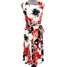 Shelby & Palmer Dress Womens Large White Red Floral Stretch Knit Fit n Flare