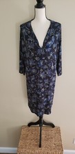 KAREN KANE Embroidered Dress Black Blue Floral Split Neck 3/4 Sleeve Size XL