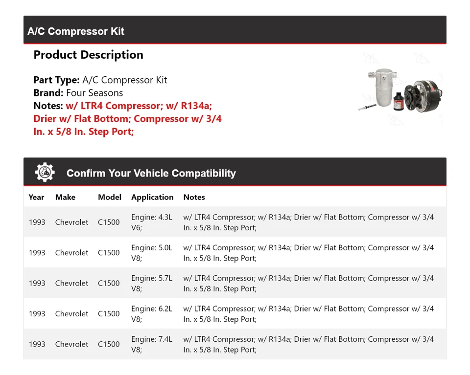 Kit de compresor de aire acondicionado para Chevrolet C1500 1993 4 estaciones Foto 2 de 4