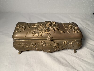 Vintage Large Ornate Metal Jewelry Box Embossed Roses