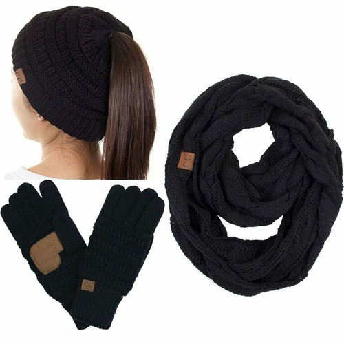 C.C 3pc Ponytail Messy Bun Soft Warm Soft Ribbed Knit Beanie Gloves Scarf Set - Picture 7 of 41