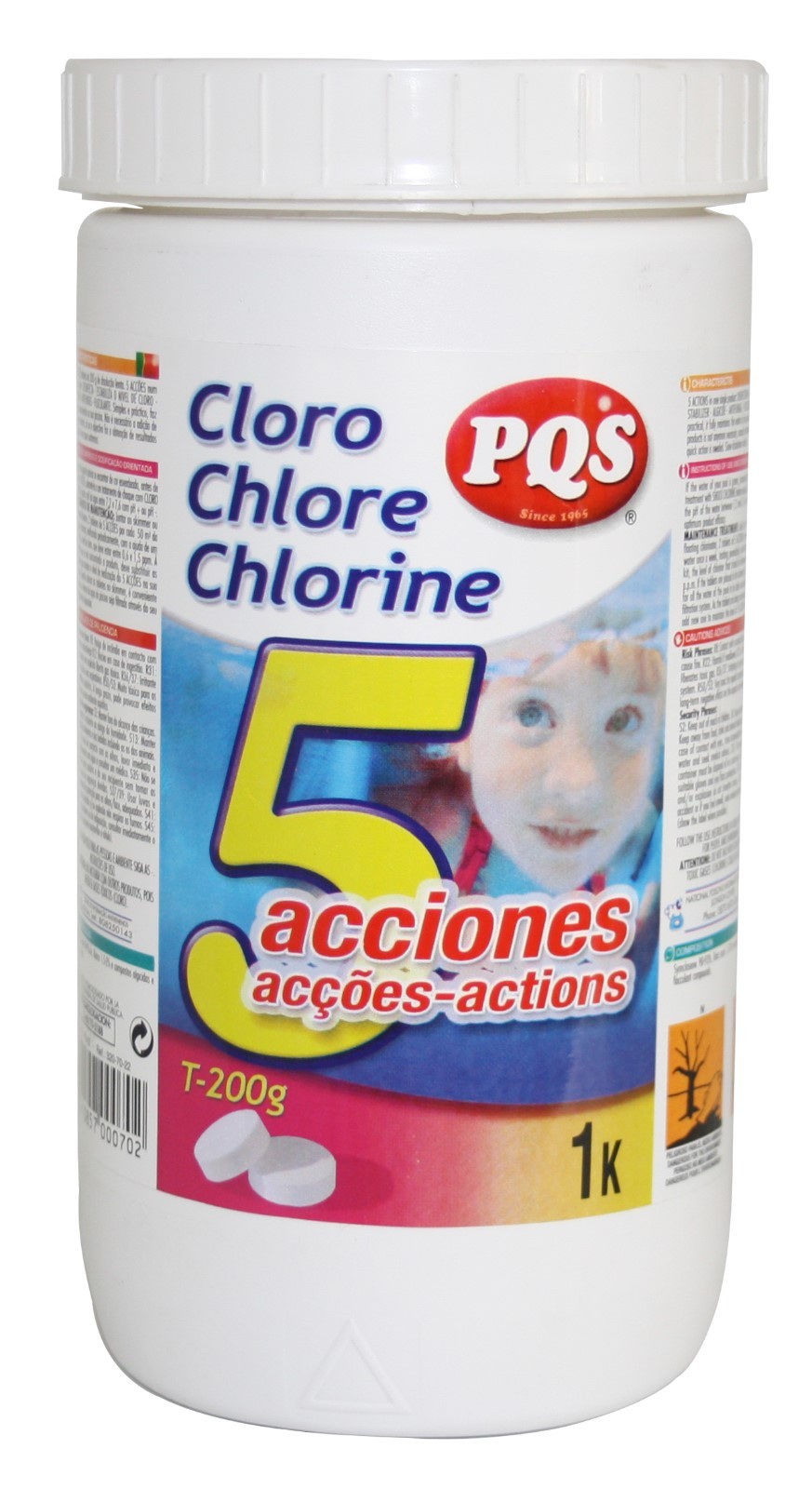Cloro 5 acciones PQS para piscina. Bote 1 kg