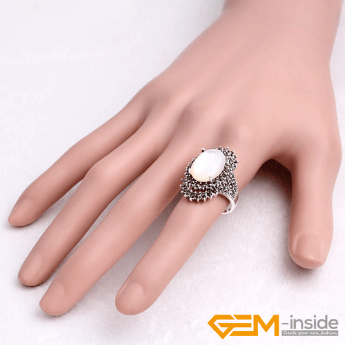 Natural Oval Gemstone Marquis Marcasite Beads Silver Jewelry Ring Size #6#8 Gift - Picture 37 of 55