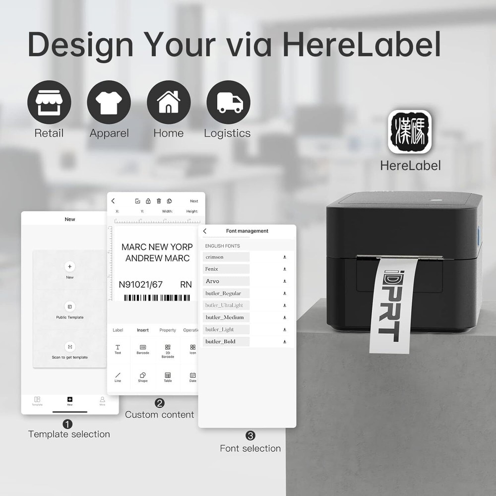 Bluetooth Label Maker with Thermal Barcode Printing, No Ink Needed, USB Connectivity