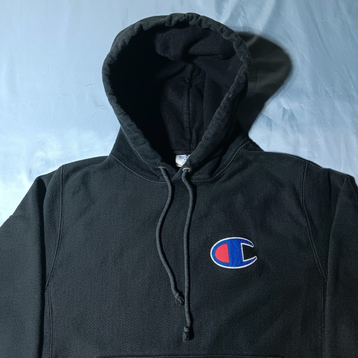 2000s Y2K Champion Embroidered C Logo Reverse Weave Hoodie Sweatshirt,  Black S M