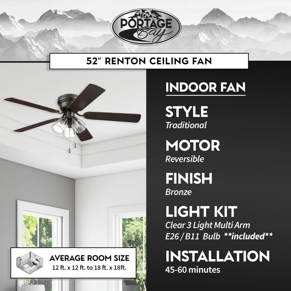 Ceiling Fans 52" Renton Bronze Indoor Fan with Clear 3 Light LED Multi Arm; E26/ - Image 3 of 4