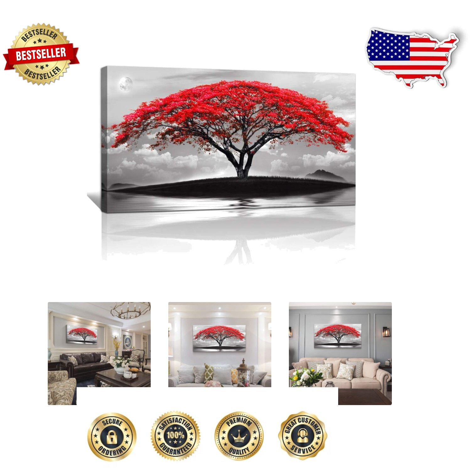 Contemporary Black and White Landscape Canvas with Red Tree - 20x40' Wall Art