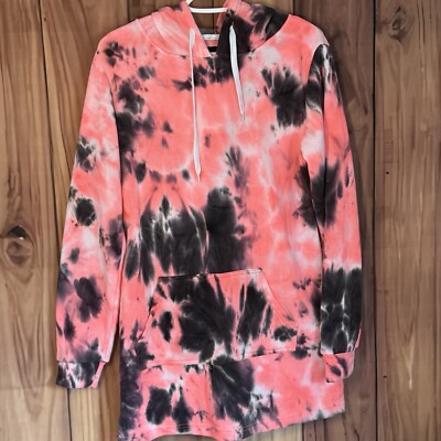 Neon Pink And Black Long Comfortable Hooded Sweatshirt Size medium 