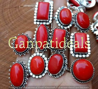 Red Coral Gemstone 5pcs Wholesale Lot 925 Sterling Silver Plated Rings