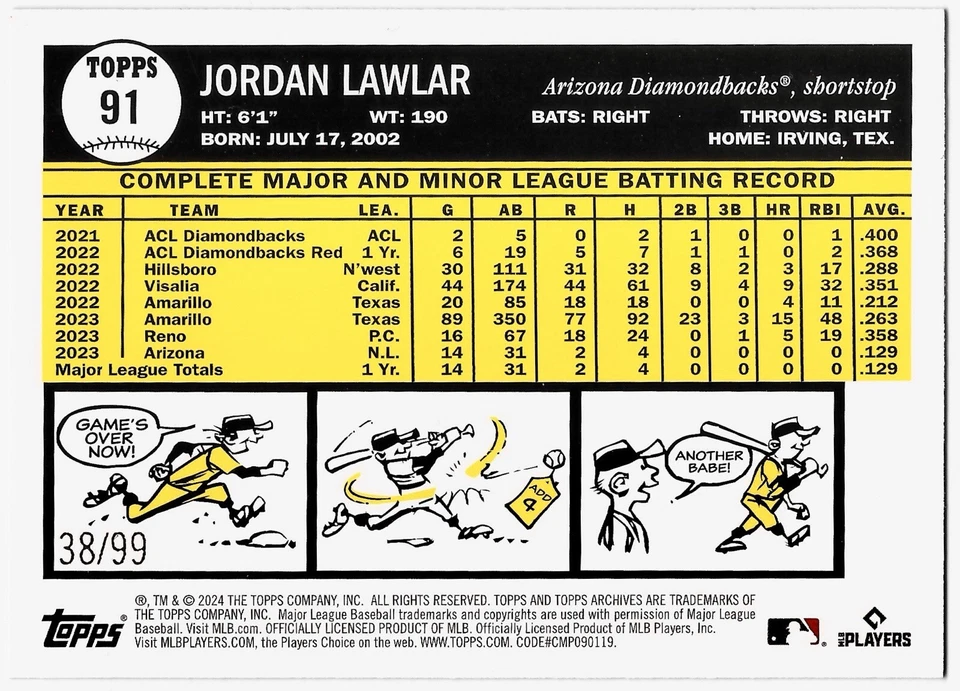 2024 Topps Archives - Green Foilboard /99 - Jordan Lawlar Diamondbacks #91 - Image 2 of 2