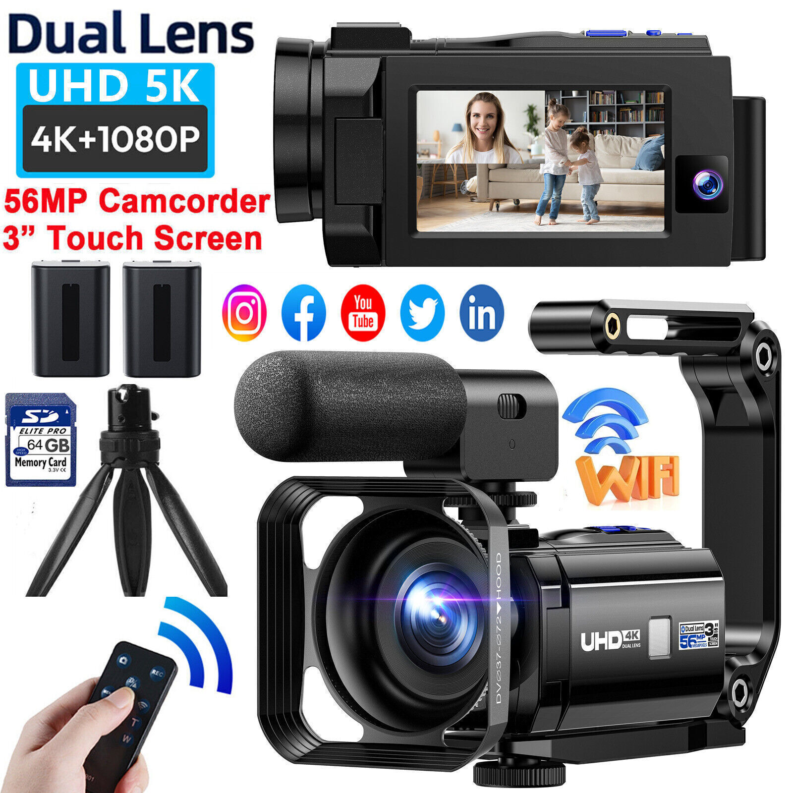 Camcorder 5K UHD Dual Lens 4K+1080P WiFi IR Digital DV Video Camera 16X Zoom 64G-image