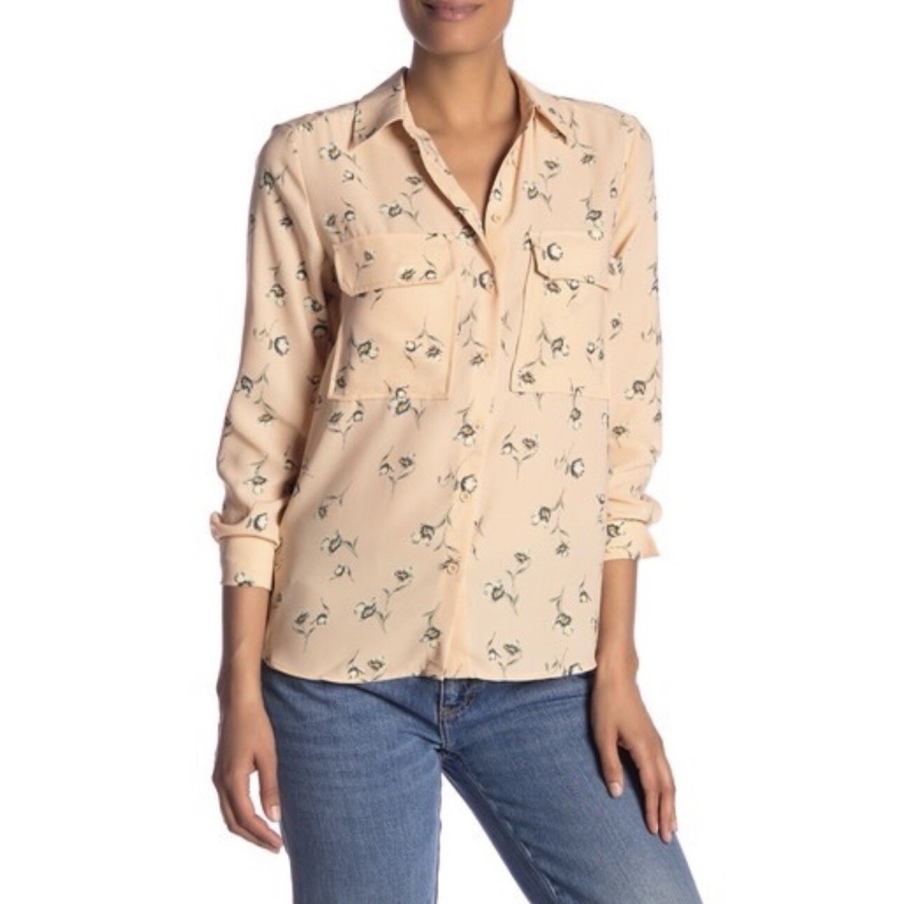 Elodie Floral Print Button Up Shirt Long Sleeve  Pockets Peach Pink Size L