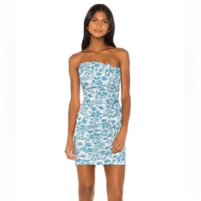 sachin and babi light blue dress LIKELY Blue Floral Toile Strapless Ruched Mini Dress Ruffle Jacquard  Cocktail