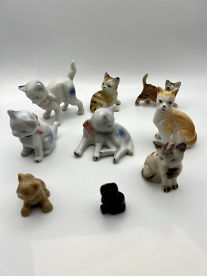 Vintage Porcelain Cat Figurines  9 Miniature Kittens Collectible Ceramic Cats