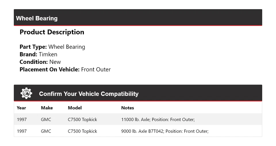 Cojinete de rueda exterior delantero Timken GMC C7500 1997 Topkick Foto 2 de 4
