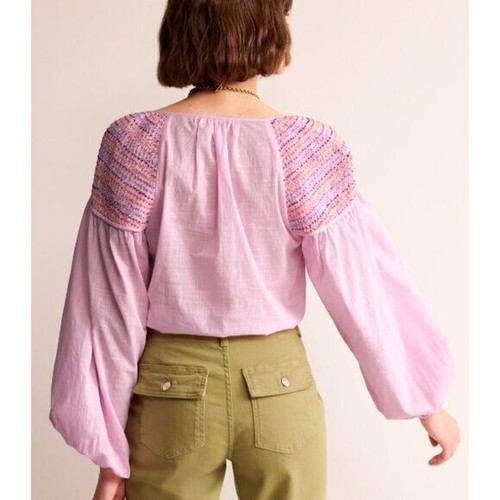 BODEN $160 Cotton Embroidered Smocked Blouse Sweet Lilac Blouson Sleeves Size 6 - Picture 2 of 10