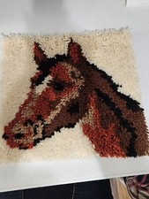 Latch Hook Rug Completed Horse Wall Hanging 15x15 BOHO Brown Black Tan VTG. 03