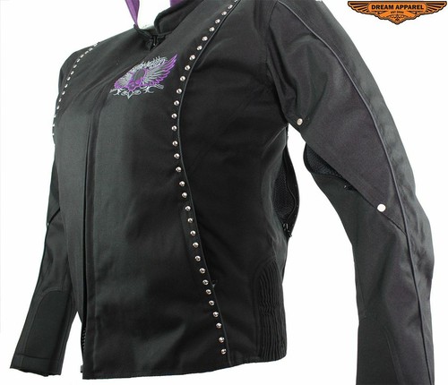 Women's Motorcycle Textile Studded Jacket w/ Purple Hoodie & Winged Skull Design - Picture 6 of 8