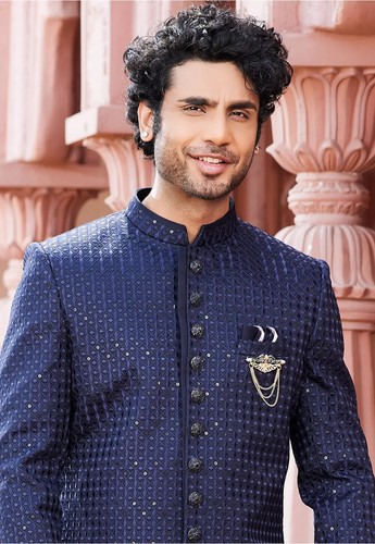 Sherwani Arte Ricamata Seta Blu Navy - Foto 2 di 4