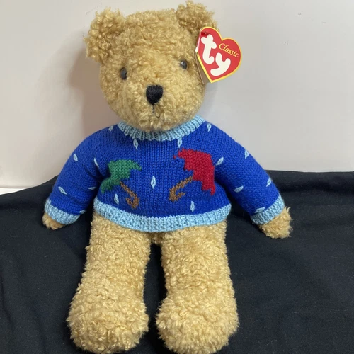Vintage 1990 TY Beanie Baby Buddy Curly Bear 17" Blue Rainy Day Sweater Retired