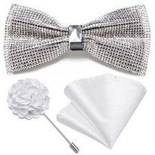 Bowties for Men Rhinestone Sequin Diamond Pre Tied with Adjustable Silver