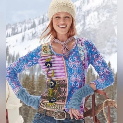 #ad Sundance Poetic Patchwork Floral Embroidered Beaded Boho Knit Top Size MEDIUM $30.00