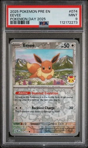 2025 POKEMON PRE EN-PRISMATIC EVOLUTIONS #074 EEVEE POKEMON DAY 2025 PSA 9