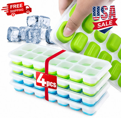 14-Compartment Ice Cube Tray with Lid, Stackable Silicone Bottom, 1/2/4 Pack