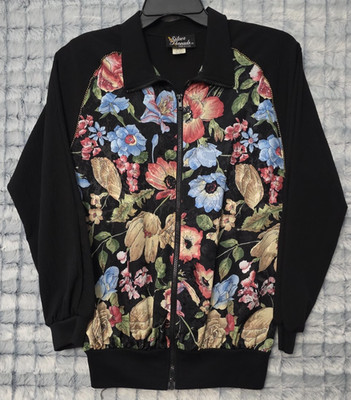 Silver Threads Vintage Floral Black Track Jacket Women's Medium Lightweight
