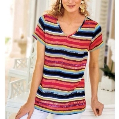 Soft Surroundings Womens L Colorista Striped Sequin V-Neck Rayon Top Multicolor