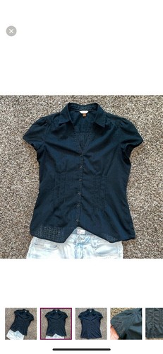 Sonoma Black Button Down Sheer Floral Blouse, Size Medium, Cotton Cap Sleeves - Picture 2 of 12