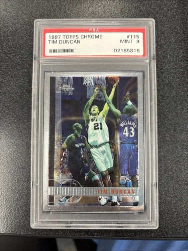 Tim Duncan 1997 Topps Chrome Rookie Basketball Card #115- Graded Mint 9 (PSA)