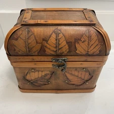 CHATEAU EDGEWATER Inc. Vintage Chinese Carved Wood Chest Brass Latch Maple Leaf