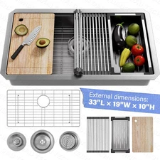 33" Stainless Steel Kitchen Sink Single Bowl Undermount 16Gauge Workstation Sink