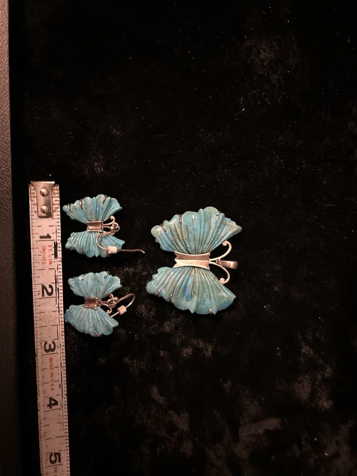 Green Howlite SX 925 Thailand Sterling Silver Butterfly Pendant & Earrings Set - Image 2 of 4