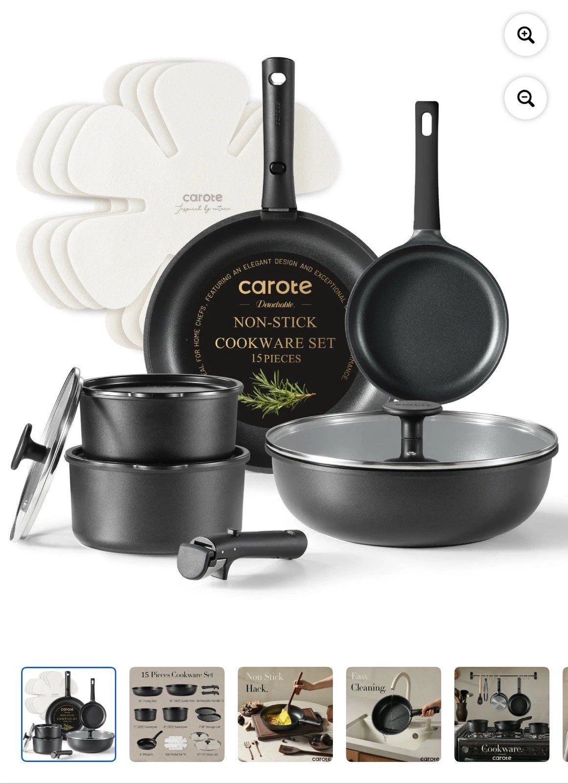 Carote 15-Piece Nonstick Cookware Set with Removable Handles, Black