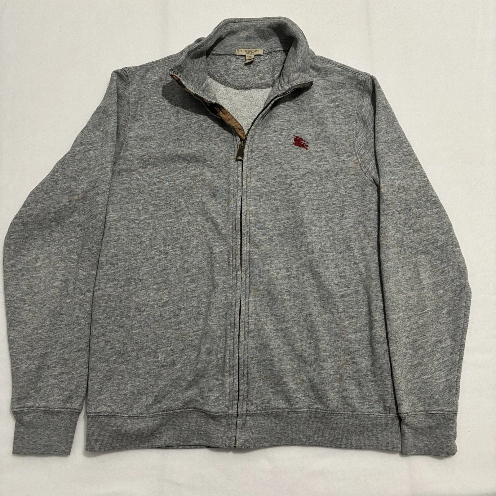 Burberry Brit Felpa Giacca Uomo Grande Grigio Full Zip Pile Bordo a Quadri Logo Rosso