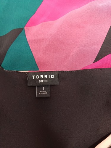 Torrid Sz 1 Black Pink Green Adjustable Strap Lined V-Neck Tank Top Blouse - Picture 8 of 11