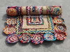 Chindi Rag Rug Indian Handmade Braided Multi-Color Chindi Jute Rug Area Home Déc