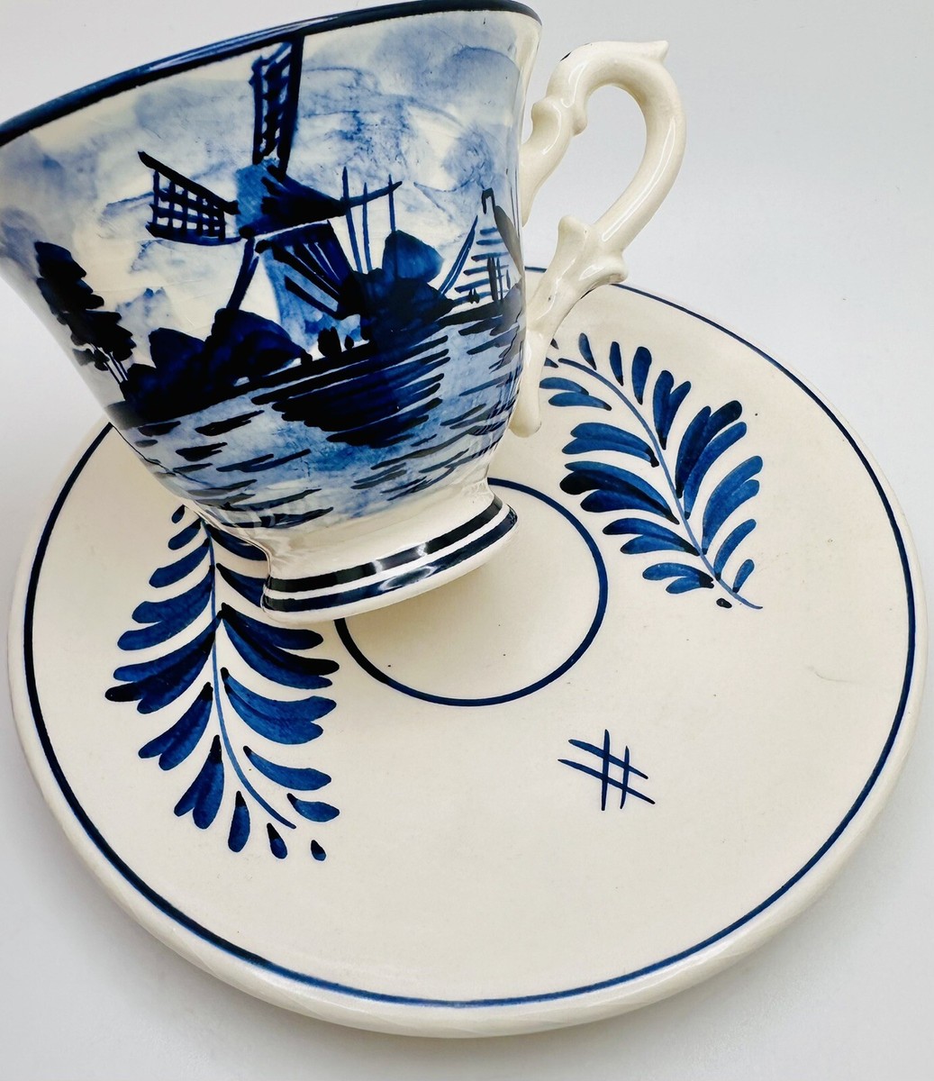 Vintage Delft Holland Cup & Saucer Blue Windmill; Teacup Dutch