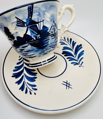Vintage Delft Holland Cup & Saucer Blue Windmill; Teacup Dutch