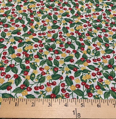 Vintage Cherry & Floral Fabric By Springs Deep Red Yellow Green Tonal Grey BTHY - Picture 12 of 15